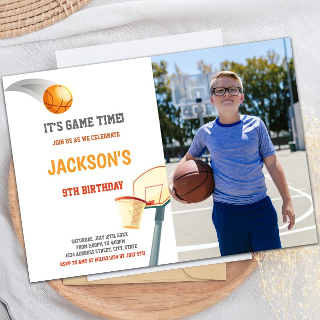 Customisable Sports Party Invitations for Kids (Basketball On Basket Invitations with photo)