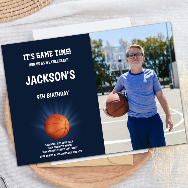 Customisable Sports Party Invitations for Kids (Basketball Shine Birthday Invitations with photo)