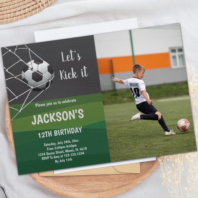 Customisable Sports Party Invitations for Kids (Green Black Goal Soccer Invitation White Text phot)
