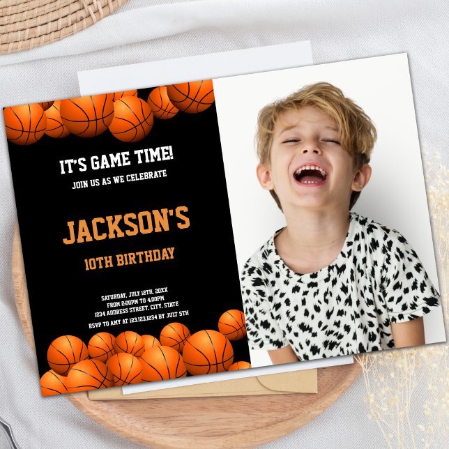 Customisable Sports Party Invitations for Kids (OrangeBalls with black background Basketball Photo Invitation)