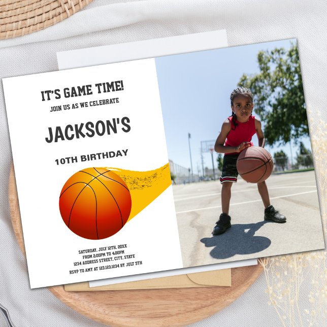 Customisable Sports Party Invitations for Kids (Basketball Invitation orange line with photo)