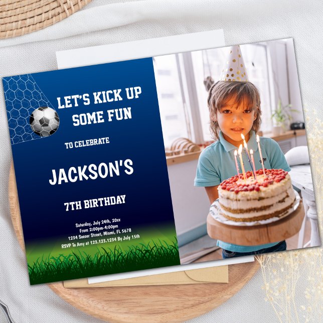 Customisable Sports Party Invitations for Kids (7th Soccer Birthday Invitations with photo)