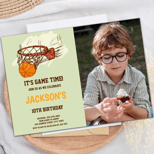 Customisable Sports Party Invitations for Kids (Basket Ball Green Basketball Invitations w photo)