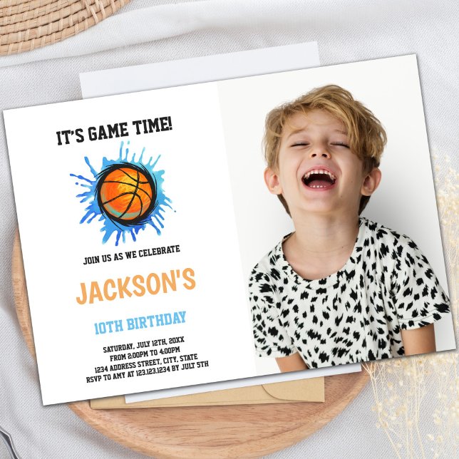 Customisable Sports Party Invitations for Kids (Basketball Blue Art Birthday Invitations w photo)