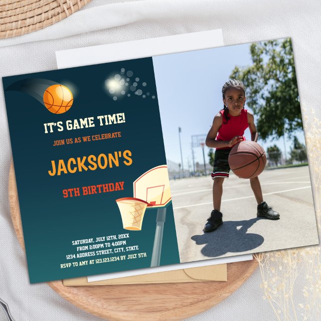 Customisable Sports Party Invitations for Kids (Dark Green Basketball Invitations with photo)