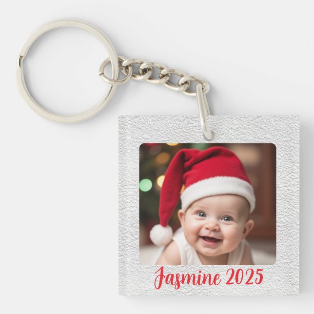 Customisable Square Acrylic Baby First Christmas Key Ring (Front)