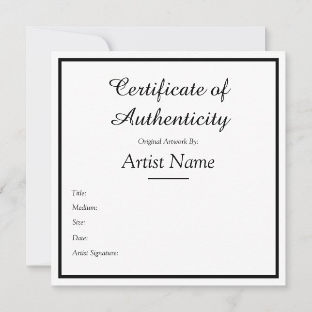 Customisable Square Certificate of Authenticity Card (Front)
