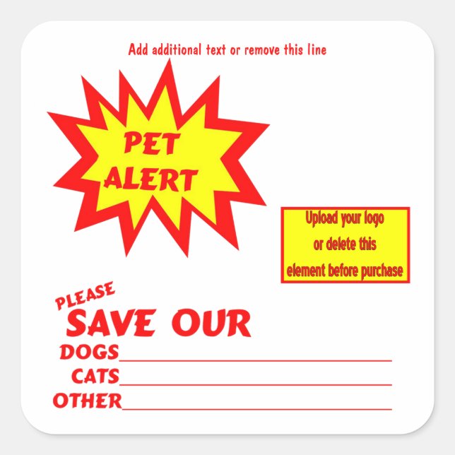 Customisable Square Emergency Pet Alert Stickers (Front)