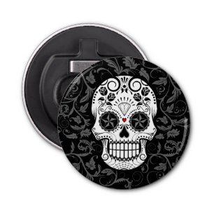 Customisable Sugar Skull with Grey Vines and Roses Bottle Opener