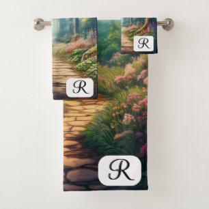 Customisable Summer Forest Path with Monogram Bath Towel Set