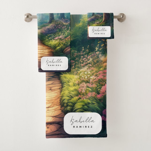 Customisable Summer Forest Path with Name Bath Towel Set (Insitu)