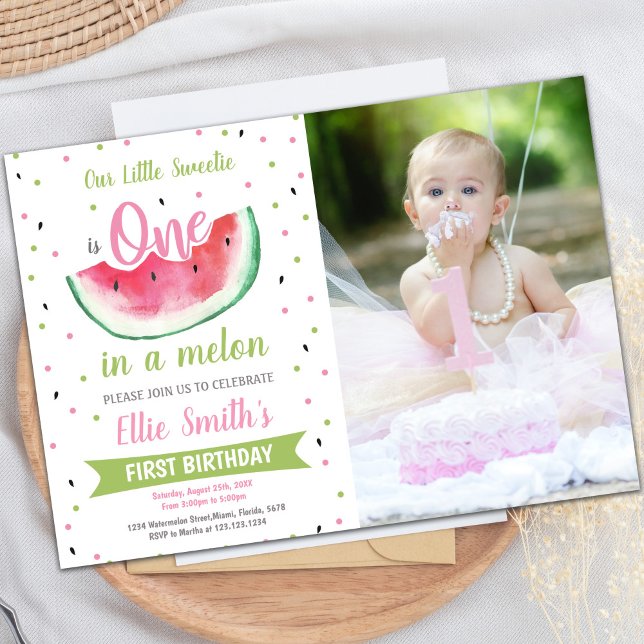 Customisable Summer Party Invitations for Kids (One Watermelon Birthday Invitation w photo)
