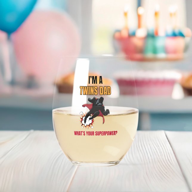 Customisable Super hero Dad Twins Fathers Day Stemless Wine Glass (Insitu (Baby Shower))