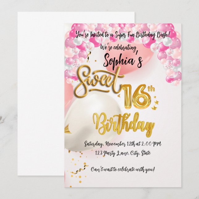 Customisable Sweet 16 Birthday Invitation Card (Front/Back)