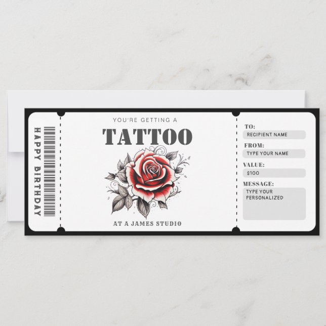 Customisable Tattoo Gift Certificate Ticket Invitation (Front)