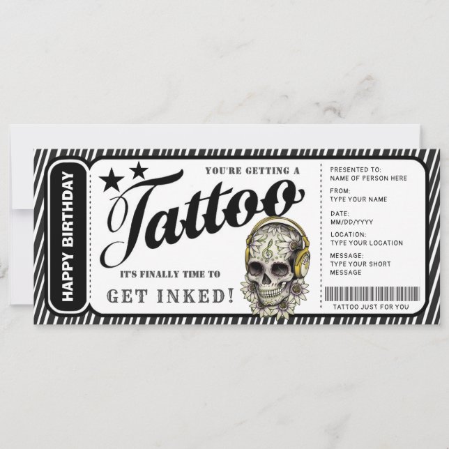 Customisable Tattoo Gift Certificate Ticket Invitation (Front)