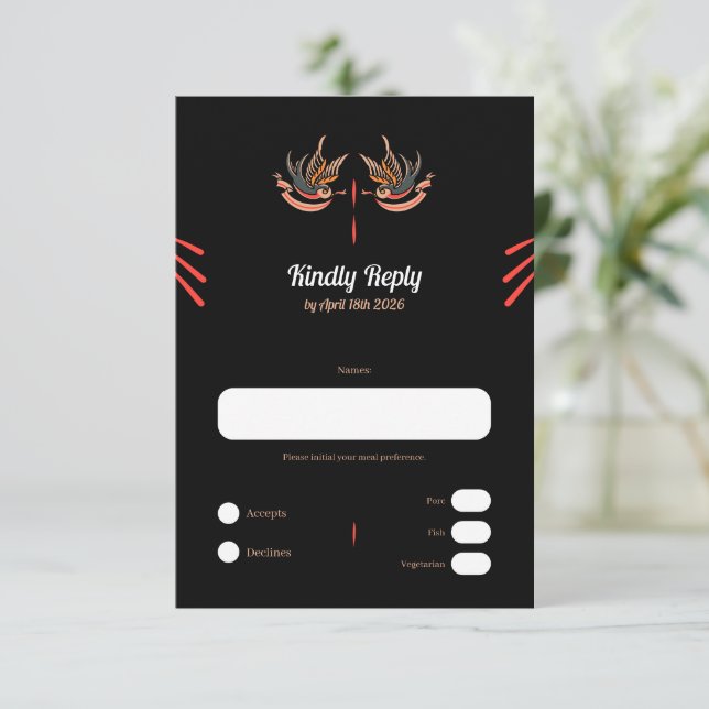 Customisable Tattoo style Love Swallows RSVP Cards (Standing Front)