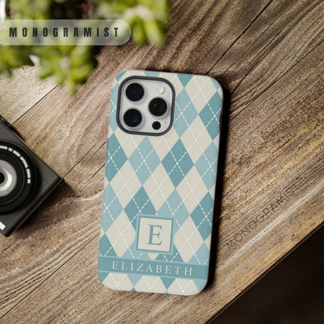 Customisable Teal Blue Green Grey Argyle Pattern iPhone Case (Customizable Teal Blue Green Grey Argyle Pattern iPhone Case)