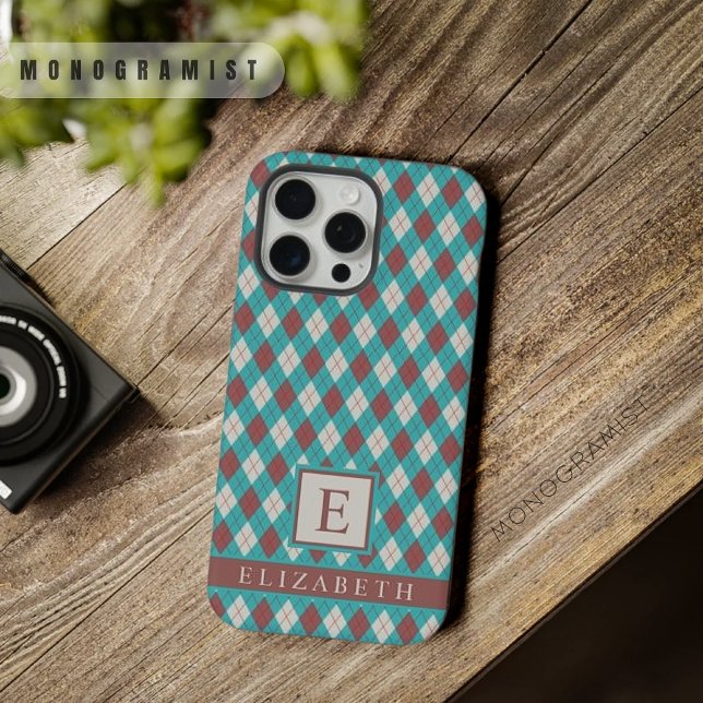 Customisable Teal Blue Green Grey Brown Argyle iPhone Case (Customizable Teal Blue Green Grey Brown Argyle iPhone Case)