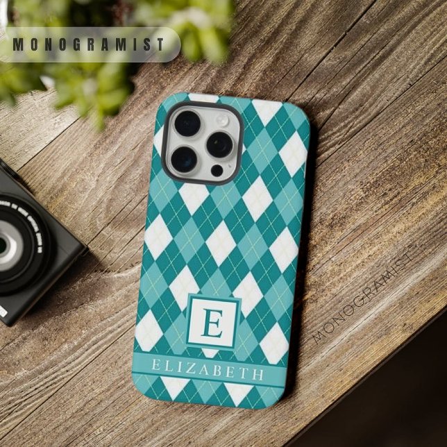 Customisable Teal Blue Green White Argyle Pattern iPhone Case (Customizable Teal Blue Green White Argyle Pattern iPhone Case)