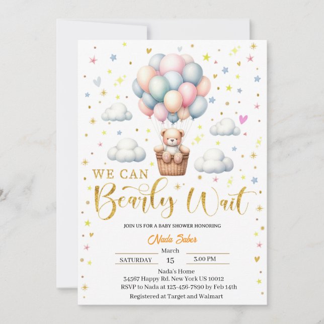 Customisable Teddy Bear Baby Shower Invitation (Front)