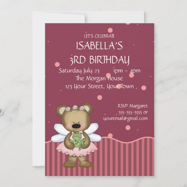 Customisable Teddy Bear Pink Fairy Princess Invitation (Front)