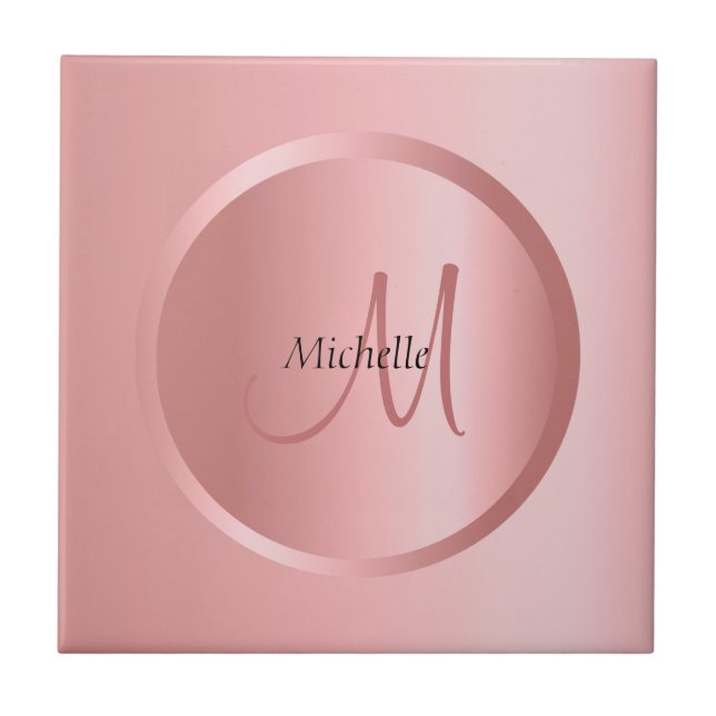 Customisable Template Rose Gold Monogram Elegant Tile (Front)