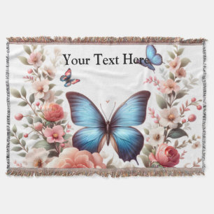 Customisable Text Blue Butterfly Floral Art-96279 Throw Blanket
