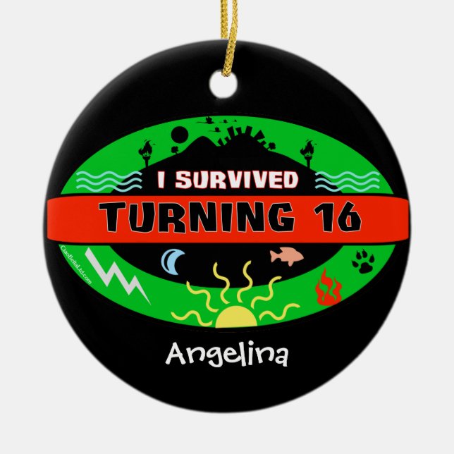 Customisable Text Featuring I Survived Turning 16 Ceramic Tree Decoration (Front)