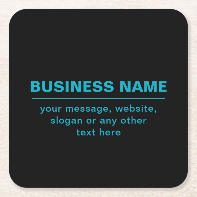 Customisable Text for Business Etc. Editable Black Square Paper Coaster (Front)