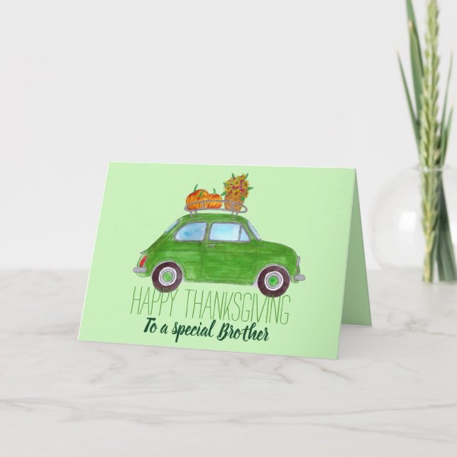 Customisable Thanksgiving green Retro Fiat 500 Card (Front)