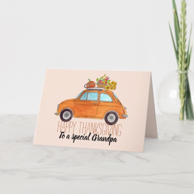 customisable Thanksgiving Orange Retro Fiat 500 Card (Front)
