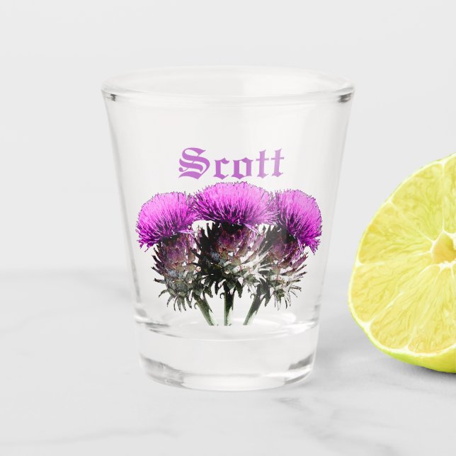 Customisable Three Scottish Thistles Shot Glass (Front)