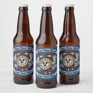 Customisable "Time Flies When" Flying Clock Beer Bottle Label