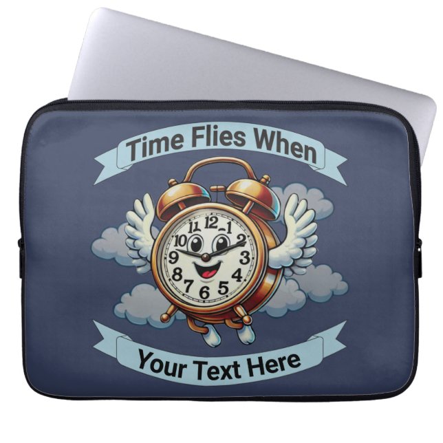 Customisable "Time Flies When" Flying Clock Laptop Sleeve (Front)