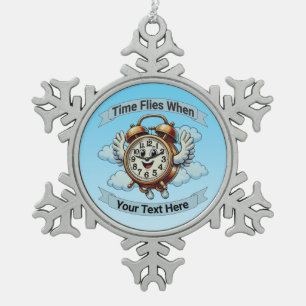 Customisable "Time Flies When" Flying Clock Snowflake Pewter Christmas Ornament