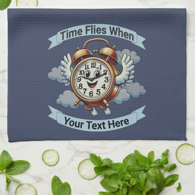 Customisable "Time Flies When" Flying Clock Tea Towel (Folded)