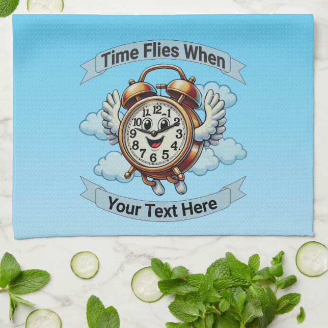 Customisable "Time Flies When" Flying Clock Tea Towel (Folded)