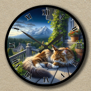 Customisable Tranquil Cat on a Mountain Porch Round Clock