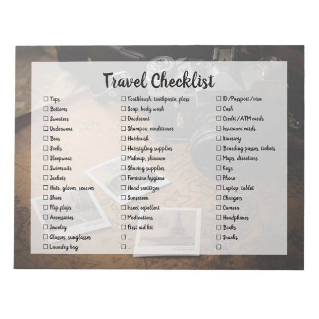 Customisable Travel Packing List Checklist Notepad (Front)