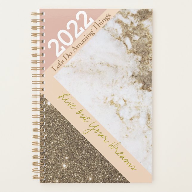 Customisable Trendy Rose Gold Pink Faux Marble Planner (Front)