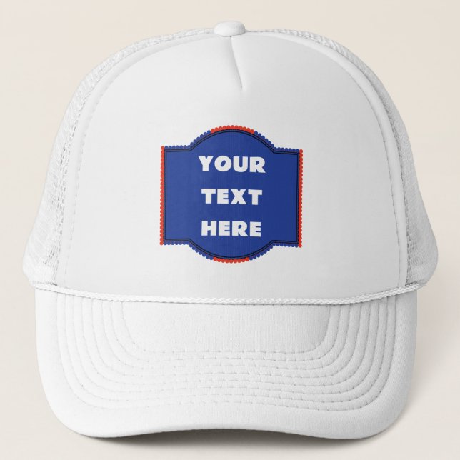 Customisable Trucker Hat with Bold Blue Text Badge (Front)