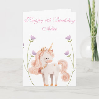 Customisable Unicorn with Flowers 6th Birthday  Card