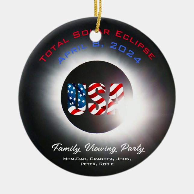 customisable USA Total solar eclipse April 8, 2024 Ceramic Tree Decoration (Front)