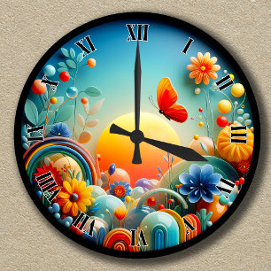 Customisable Vibrant Sunrise Butterfly Abstract Round Clock