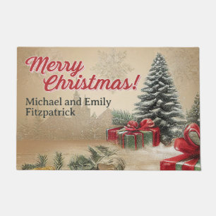 Customisable Vintage Christmas Tree Holiday Scene Doormat