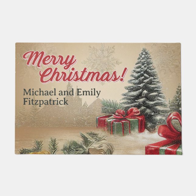 Customisable Vintage Christmas Tree Holiday Scene Doormat (Front)
