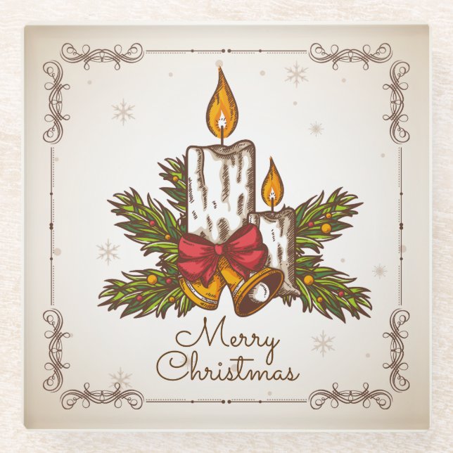 Customisable Vintage Family Christmas Candle Glass Coaster (Front)