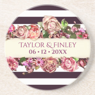 Customisable Vintage Modern Floral Striped Wedding Coaster