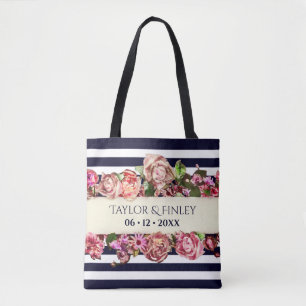 Customisable Vintage Modern Floral Striped Wedding Tote Bag